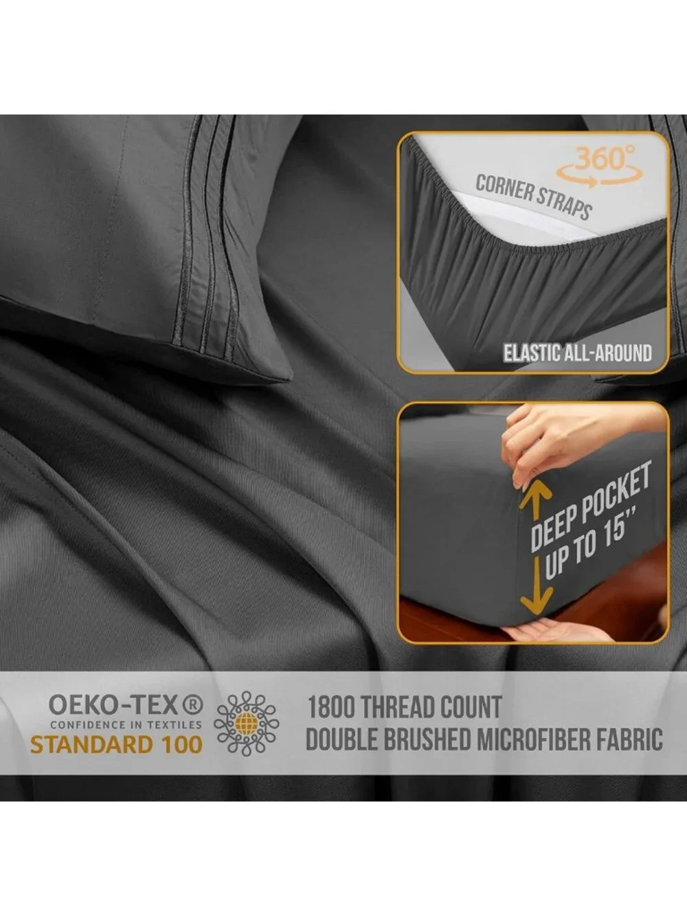 Luxury King Size Sheet Set - 4pcs Gray Cooling Soft Microfiber with Deep Pockets